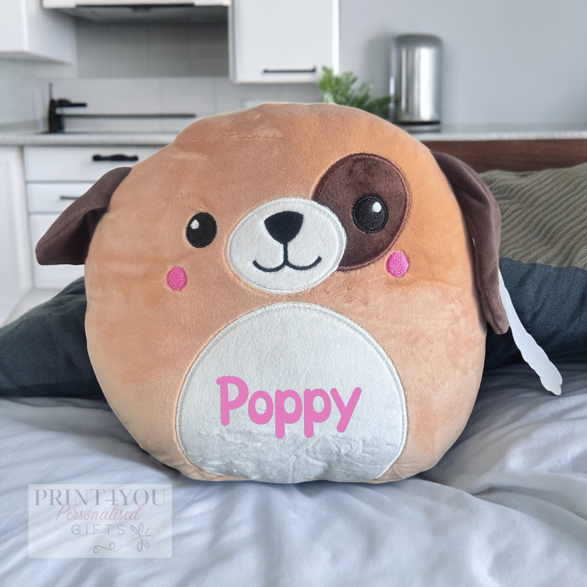 Personalised squishy plush puppy soft toy in pink, approximately 29cm tall