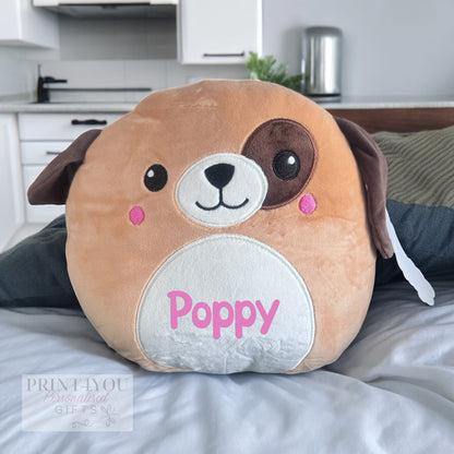 Personalised squishy plush puppy soft toy in pink, approximately 29cm tall