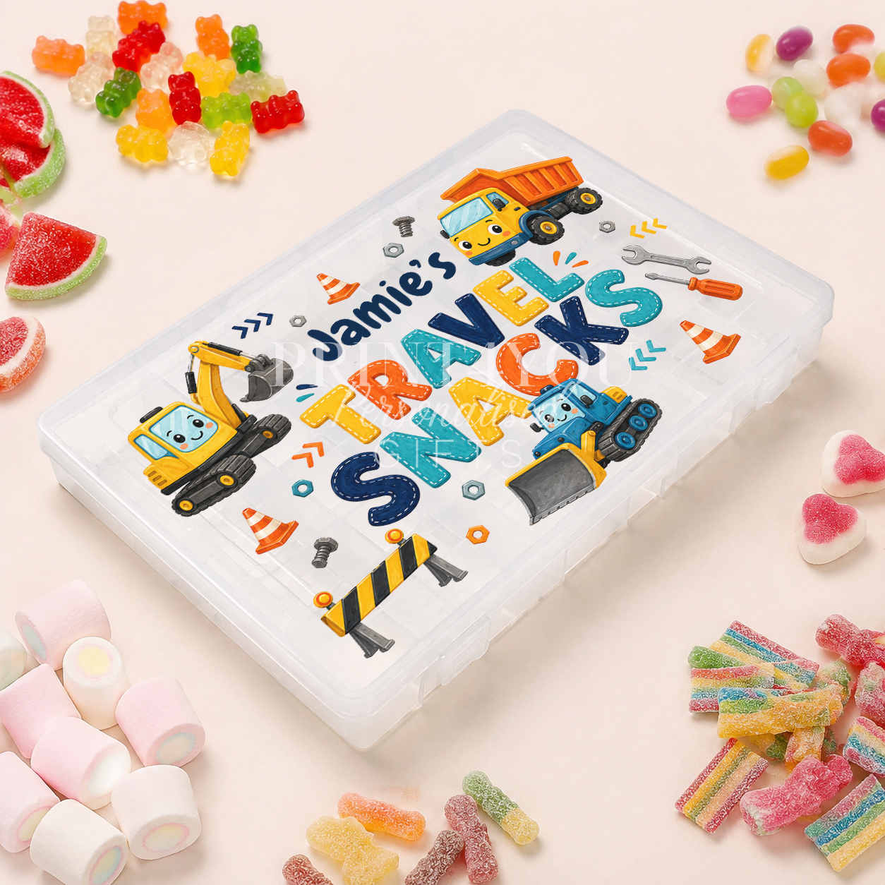 Personalised children's travel snack box with colourful diggers and construction vehicles