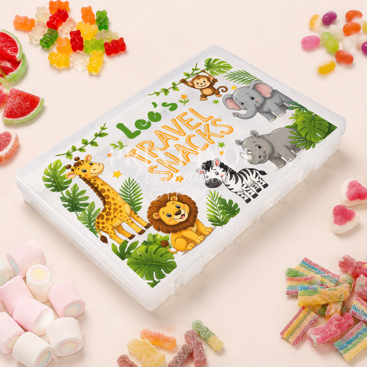 Personalised children's travel snack box featuring colourful jungle and safari animals