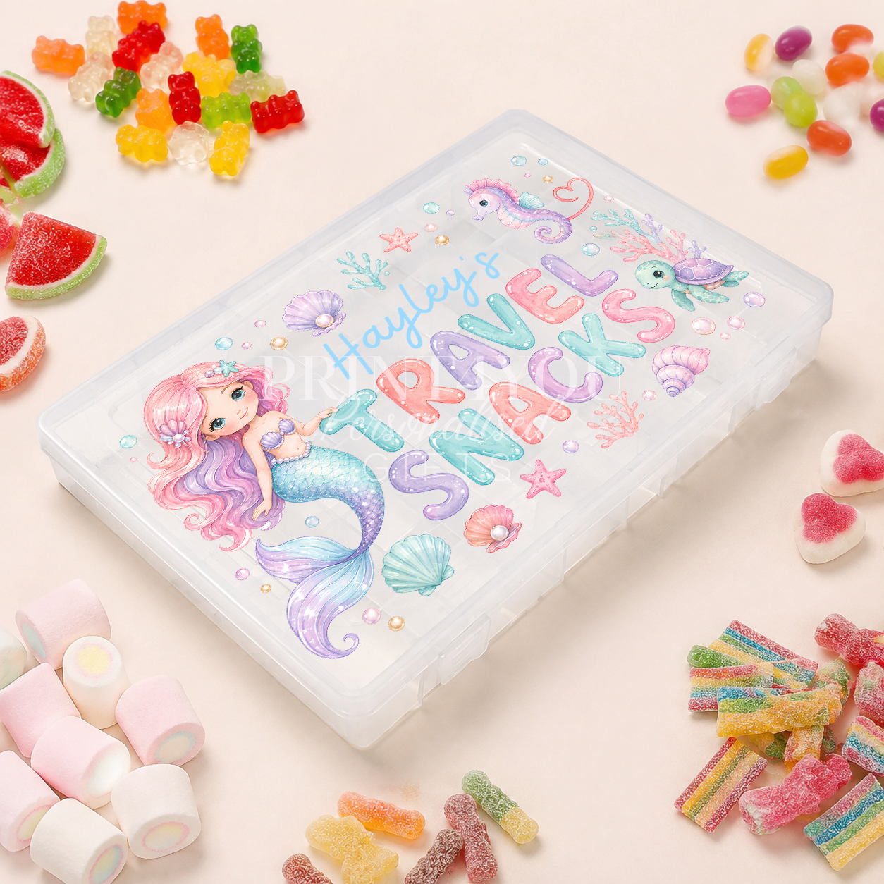 Personalised children's travel snack box with a pastel mermaid and under-the-sea design