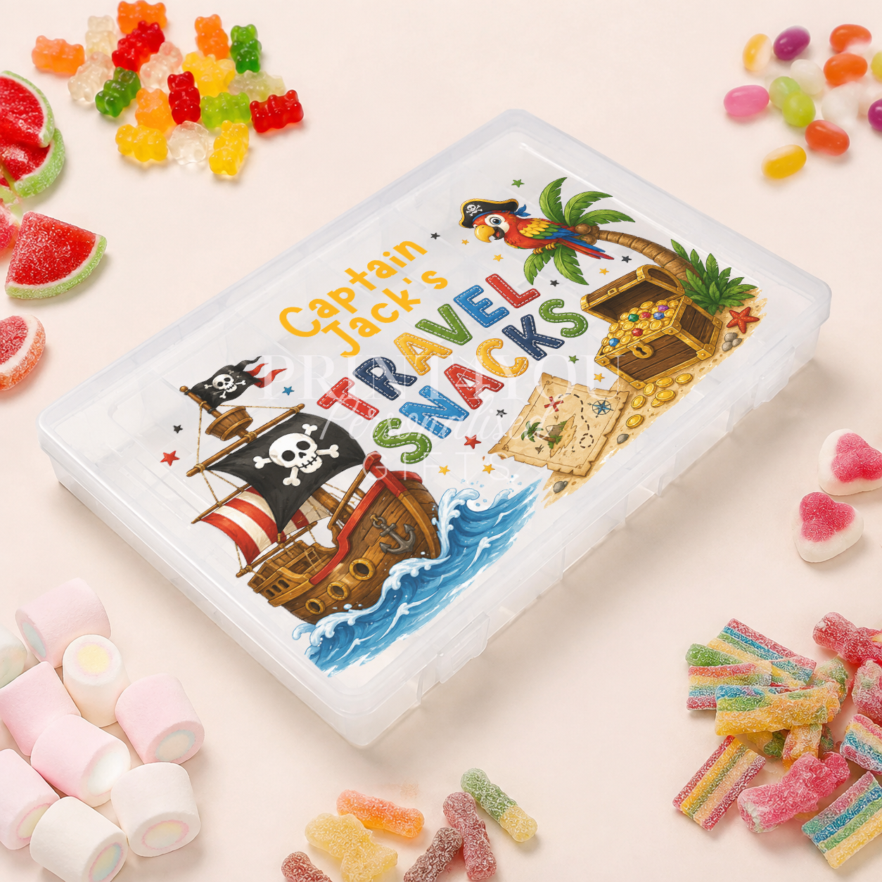 Personalised children's travel snack box featuring a pirate ship, treasure chest and skull and crossbones design