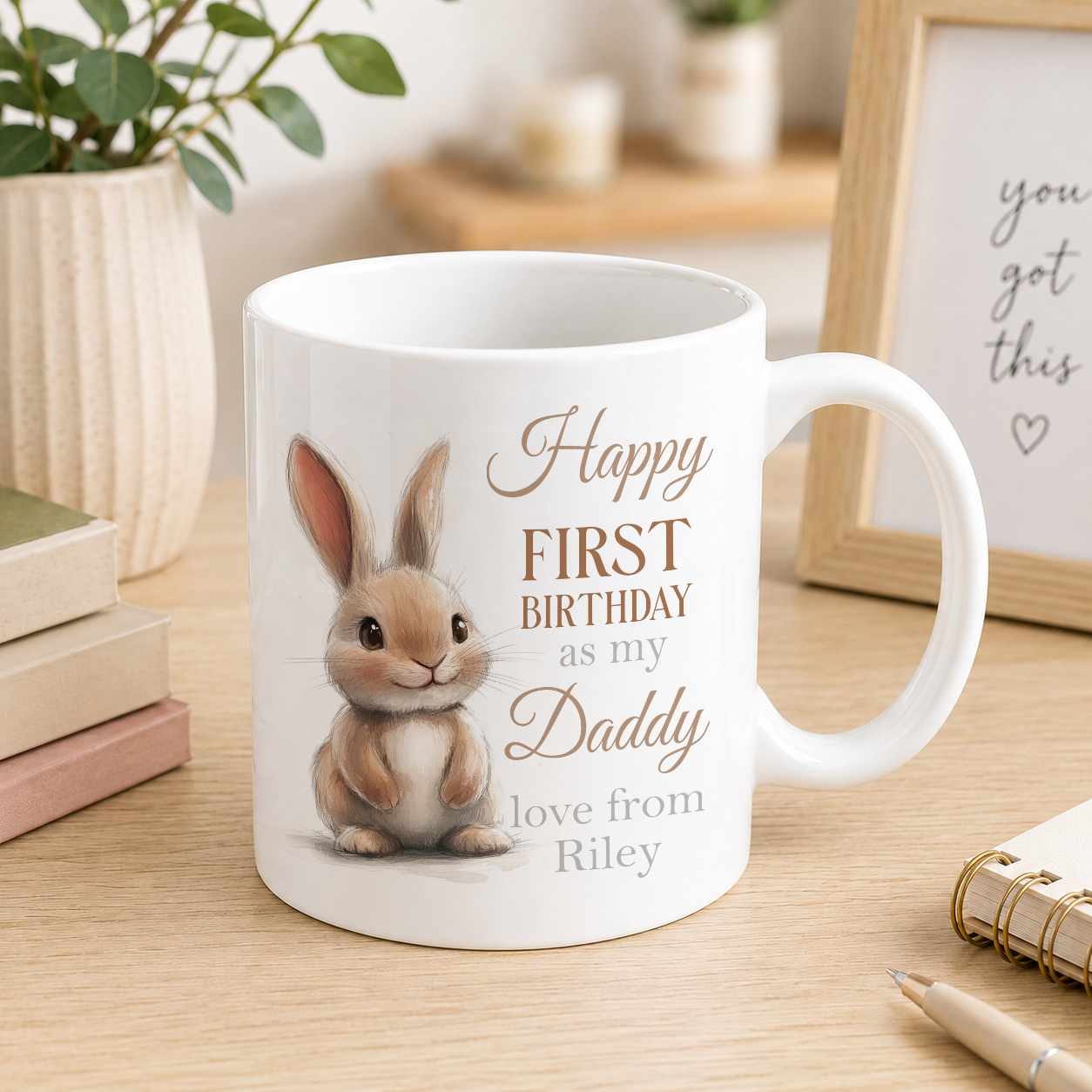 Personalised 1st Birthday as Daddy mug with a watercolour bunny rabbit design and custom name