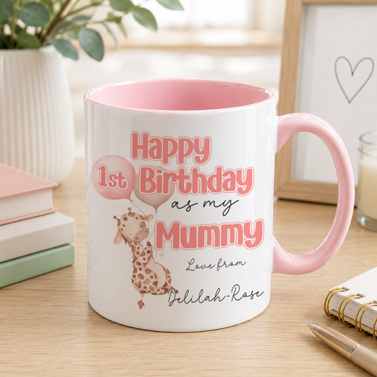 Pink personalised 1st Birthday as Mummy mug with a giraffe and balloon design and custom name