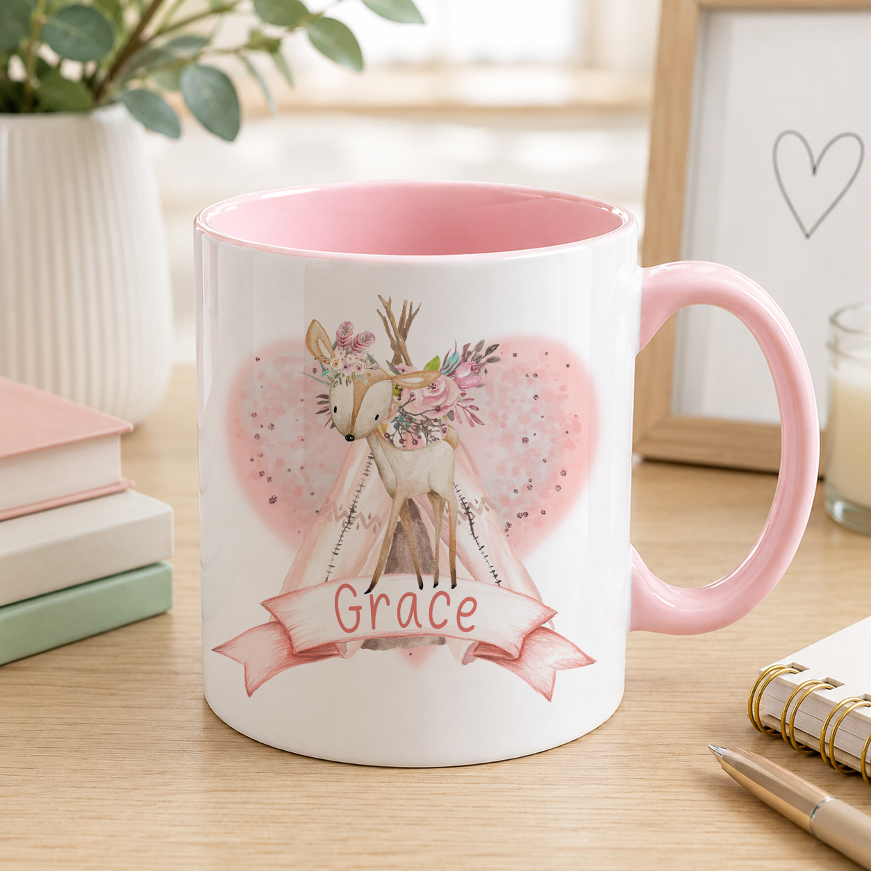 Personalised name mug with a boho deer and floral teepee design