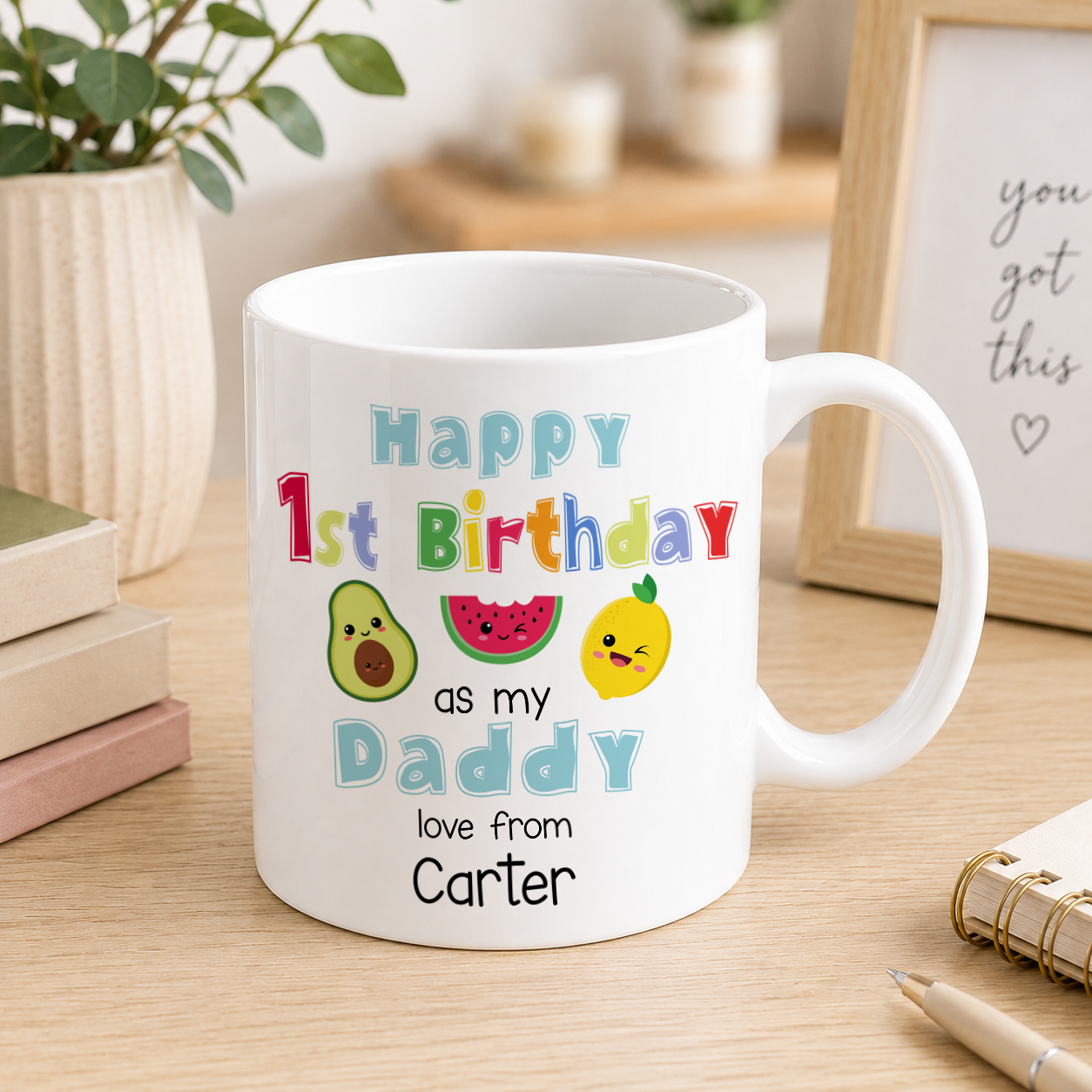 Personalised 1st Birthday as Daddy mug with a fun dancing fruit character design and custom name