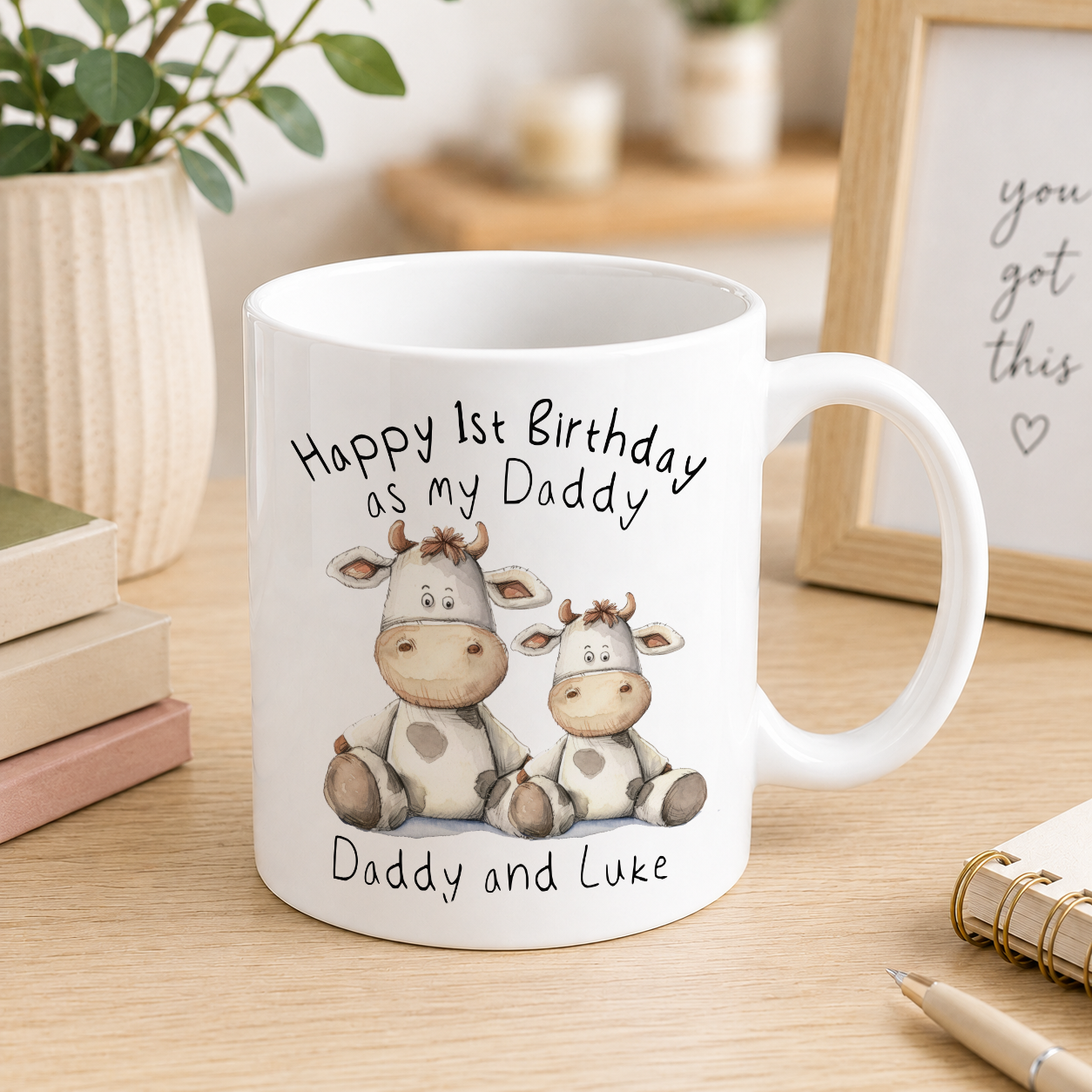 Personalised 1st Birthday as Daddy mug with a highland cow design and custom names