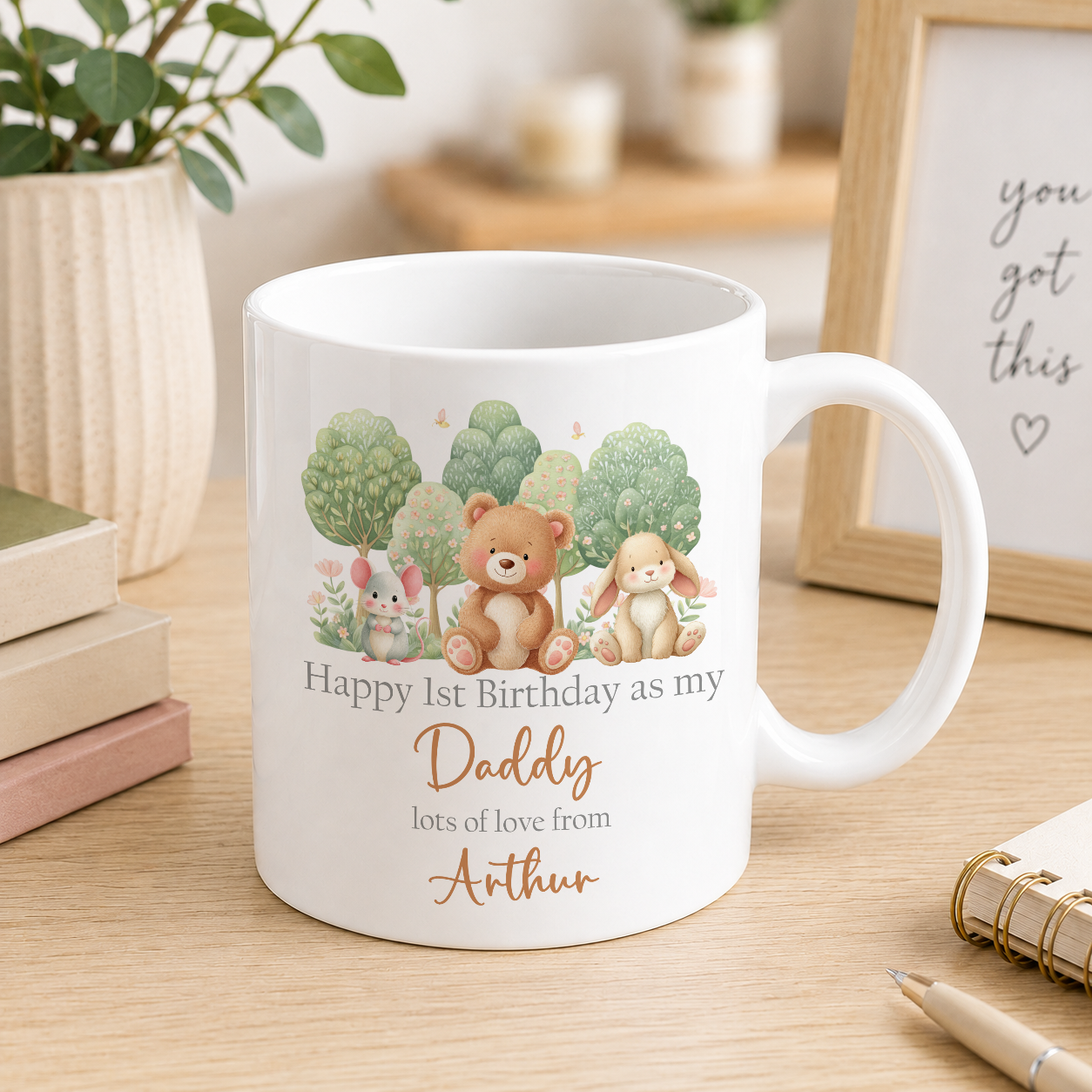 Personalised 1st Birthday as Daddy mug with a woodland animals design and custom name