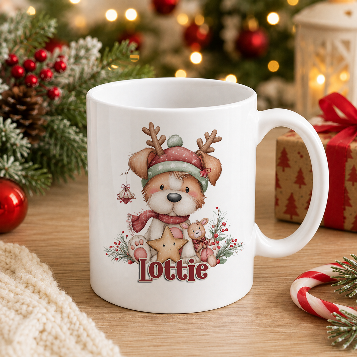 Personalised Christmas mug with a reindeer puppy design and custom name