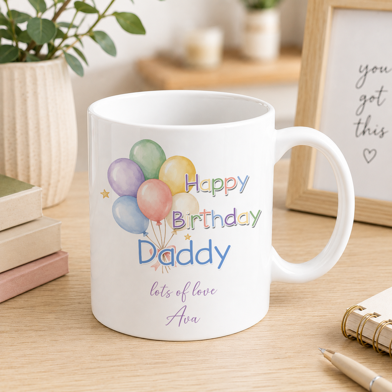 Personalised Happy Birthday Daddy mug with colourful pastel balloon design and custom name