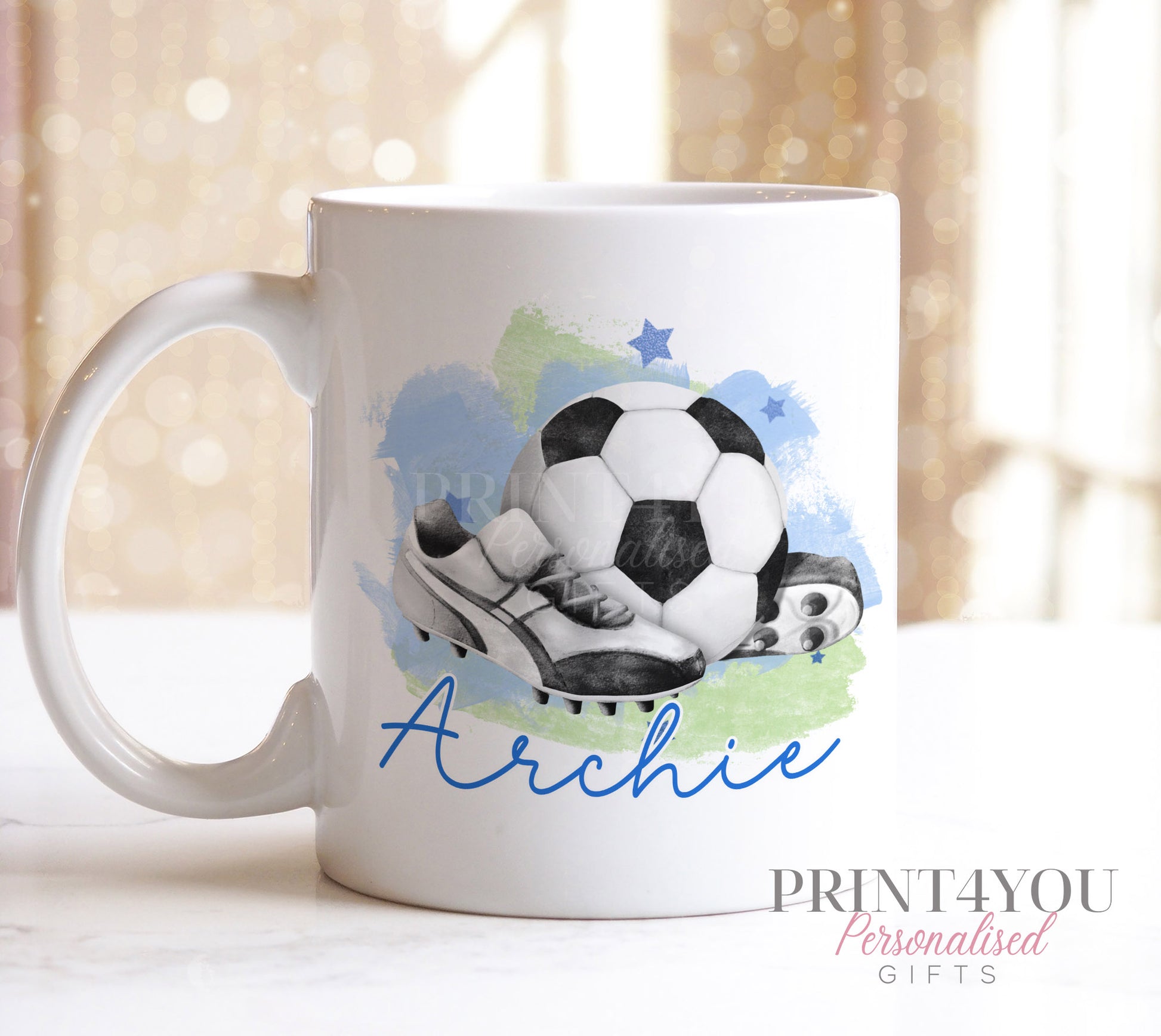 Personalised Football Mug – Boys Blue Handle Ceramic Cup – Custom Football Gift