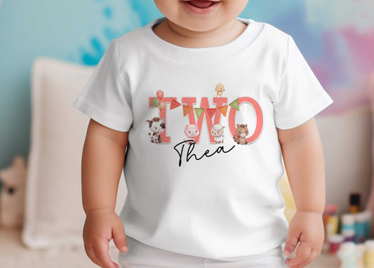 Personalised Girls Farmyard Birthday T – Shirt Age Two – Cotton White Top, Fun farm animals with a pink theme, second birthday - T-shirt 1-2yrs
