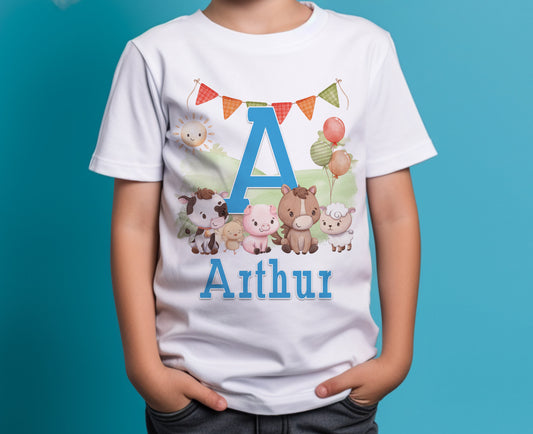 Personalised Boys Farmyard T – Shirt any Letter – Cotton White Top, Fun farm animals with a blue theme - 1-2 years