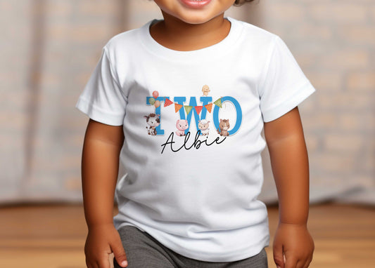 Toddler wearing a white T-shirt printed with 'TWO' in blue, farmyard animals and balloons, and the personalised name Albie.