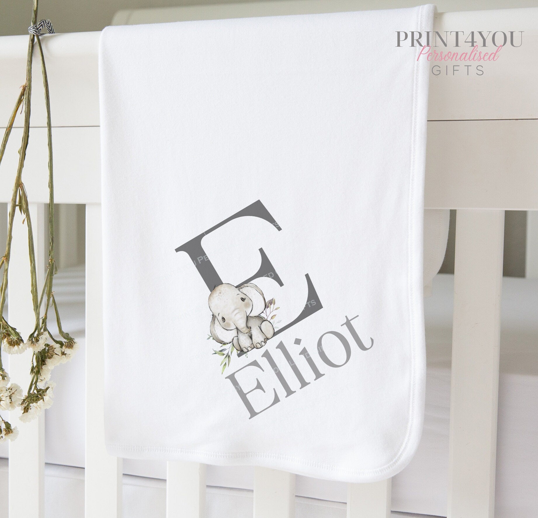 Personalised Elephant Alphabet new baby gift set bib.