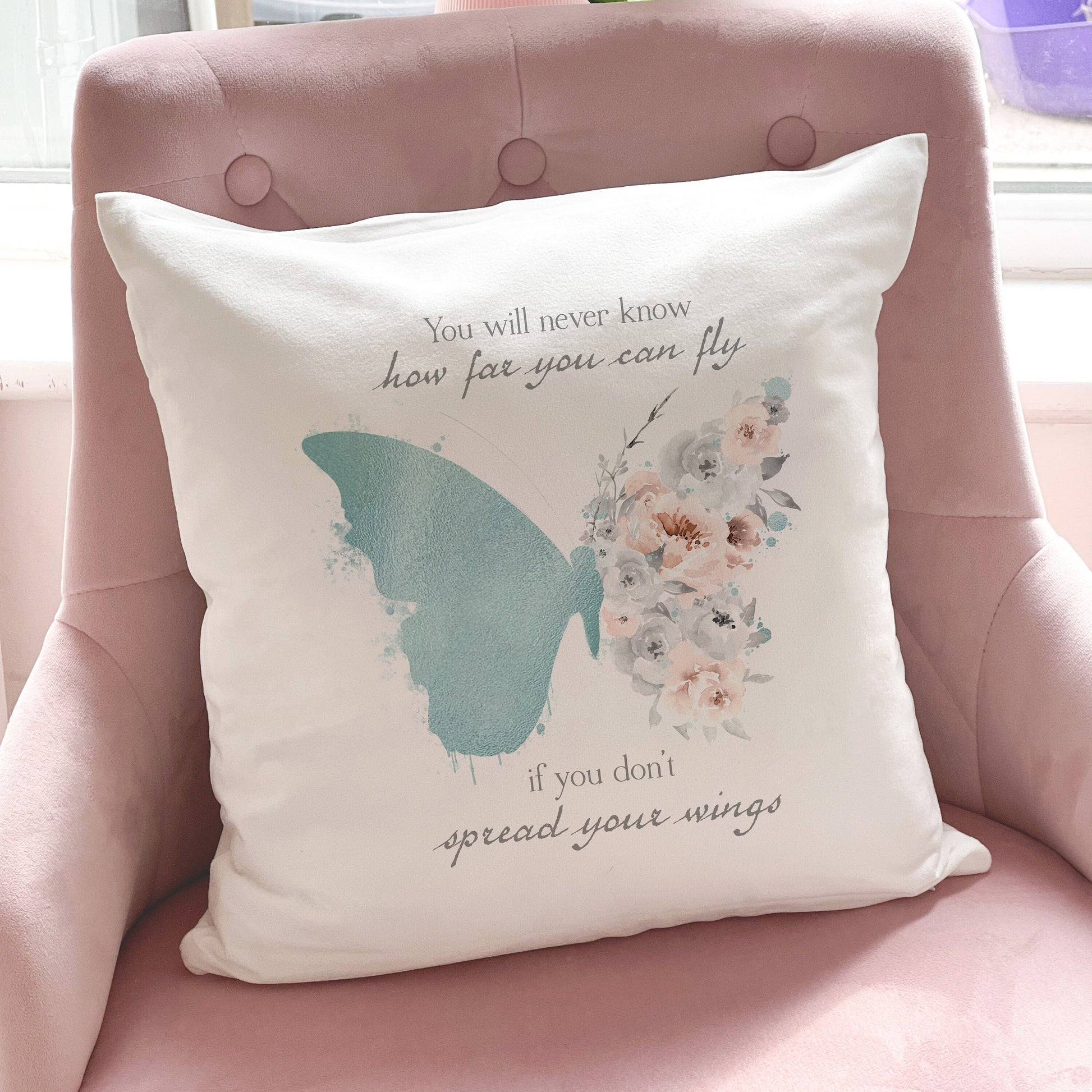 Personalised teal butterfly quote velvet cushion with insert included, 40x40cm – Print4You Personalised Gifts