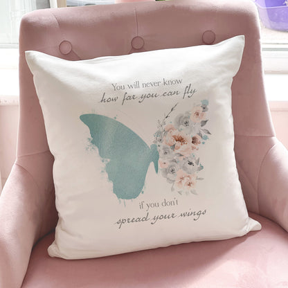 Personalised teal butterfly quote velvet cushion with insert included, 40x40cm – Print4You Personalised Gifts