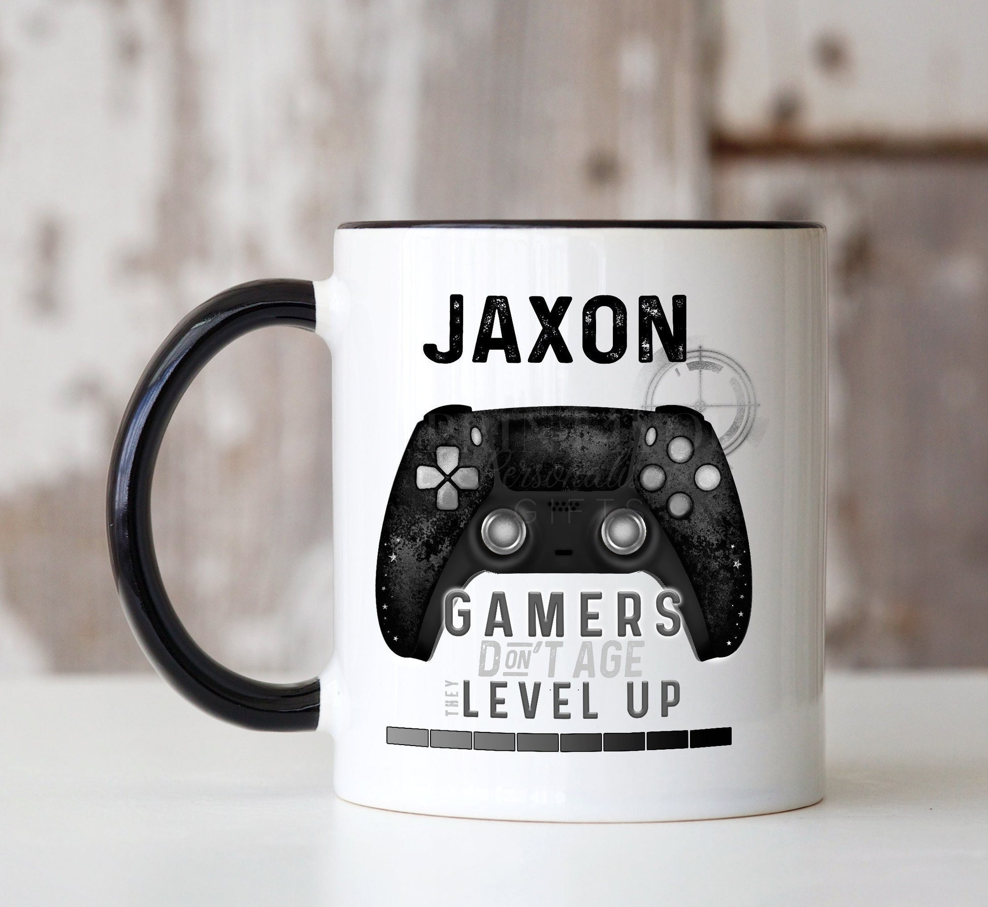 White ceramic gaming mug shown plain, no handle colour variant selected