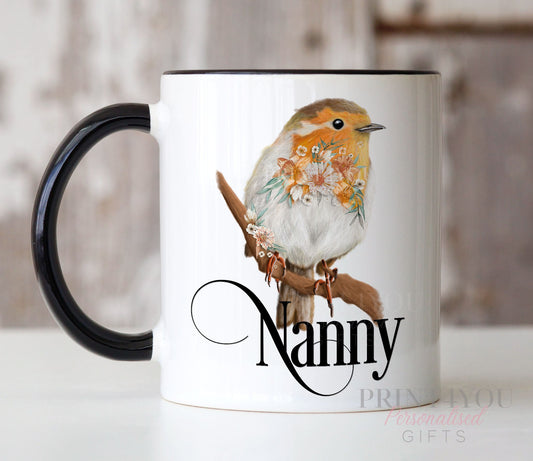 Floral Robin mug, Gift ideas Grandparents, Personalised Gift Mug, Mug for gardeners or bird lovers - Plain White Mug