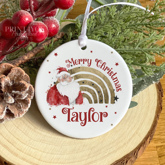 Vintage Santa with Gold Rainbow Personalised Christmas tree ceramic bauble disc decoration with ribbon - Yes Please