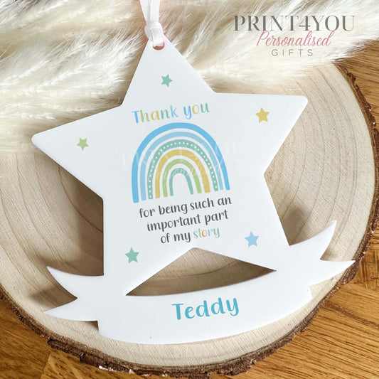 Personalised white acrylic star decorated with rainbow hearts and the message 'Thank you for being such an important part of my story'.