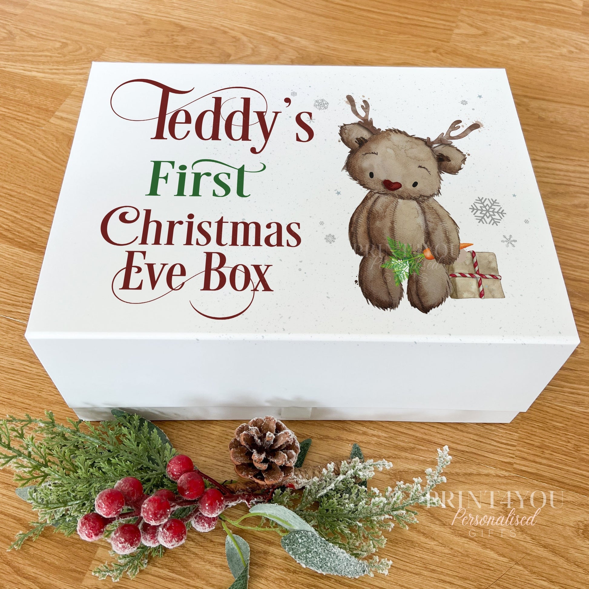 Personalised reindeer bear Christmas Eve gift box, medium size, magnetic white box with a custom name printed on the front