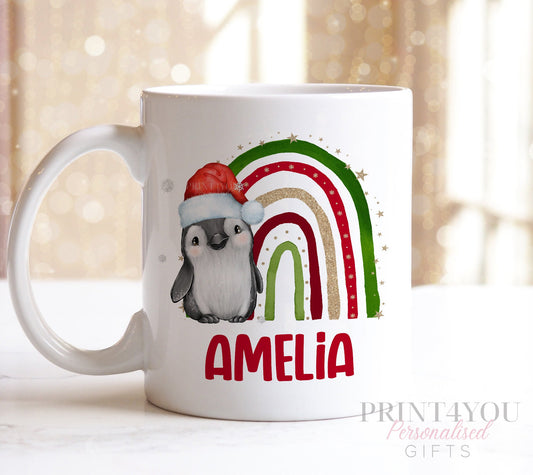 Exclusive Penguin Rainbow with Santa Hat Personalised Christmas gift mug - Red Mug