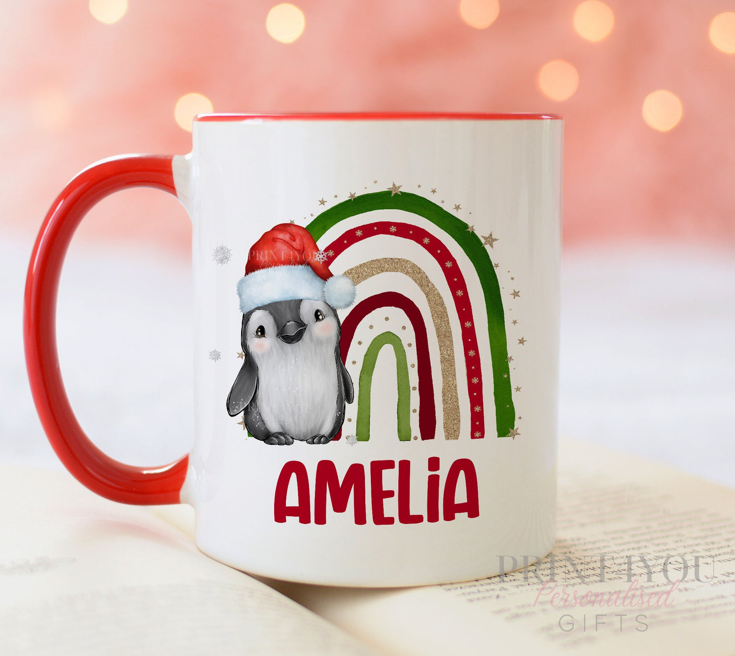 Exclusive Penguin Rainbow with Santa Hat Personalised Christmas gift mug - White Mug
