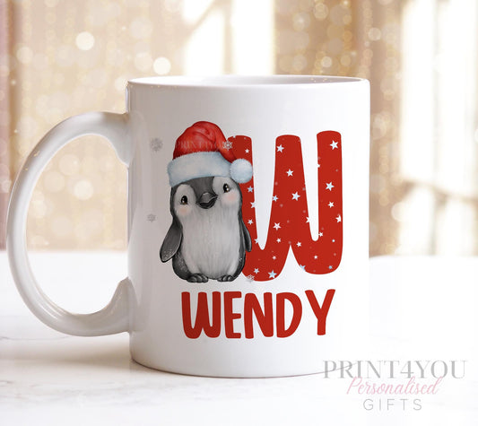 Exclusive Penguin Alphabet with Santa Hat Personalised Christmas gift mug - Red Mug