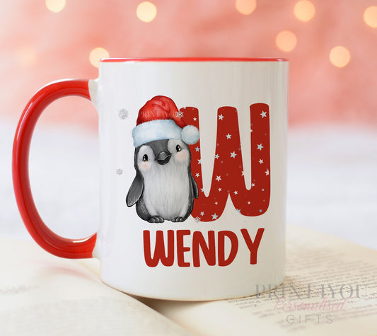Exclusive Penguin Alphabet with Santa Hat Personalised Christmas gift mug - Red Mug