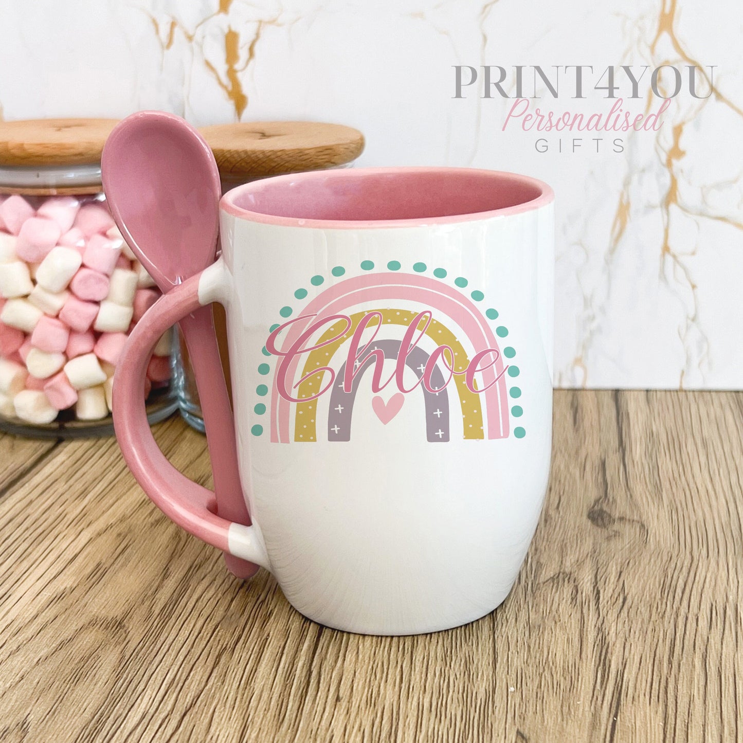 Personalised Pink mug with spoon, Rainbow with name, Luxury Ceramic mug perfect for hot chocolate with a spoon - yes please