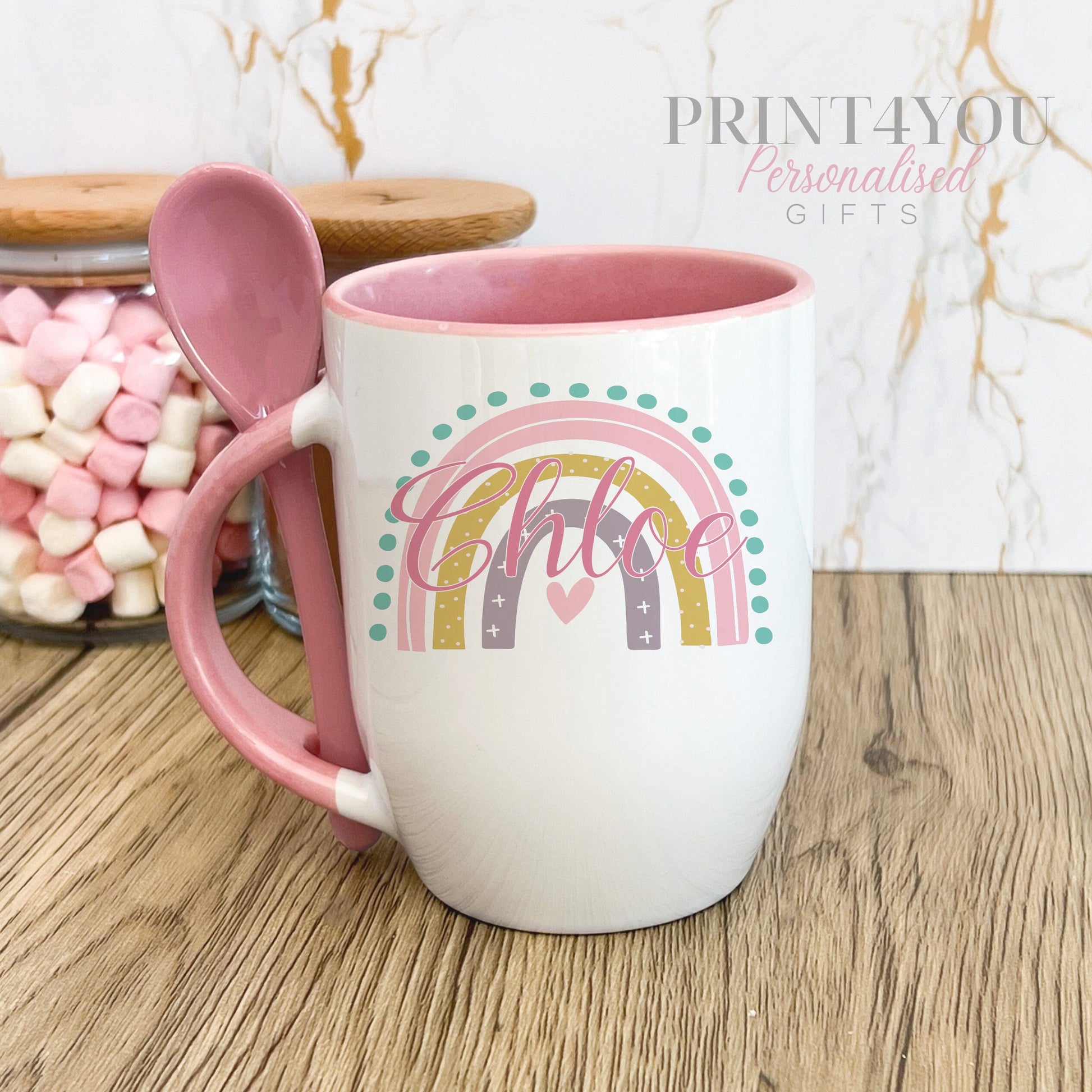 Personalised Pink mug with spoon, Rainbow with name, Luxury Ceramic mug perfect for hot chocolate with a spoon - yes please