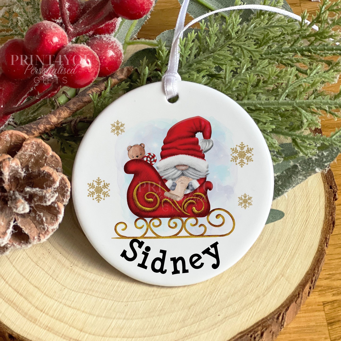Personalised ceramic hanging bauble disc decoration with ribbon – Christmas Keepsake – Santa Christmas Sleigh Gnome - Yes Please