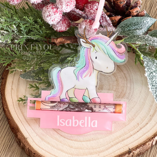 Personalised acrylic unicorn reindeer Christmas tree decoration with a slot for holding a folded banknote, shown without gift box option