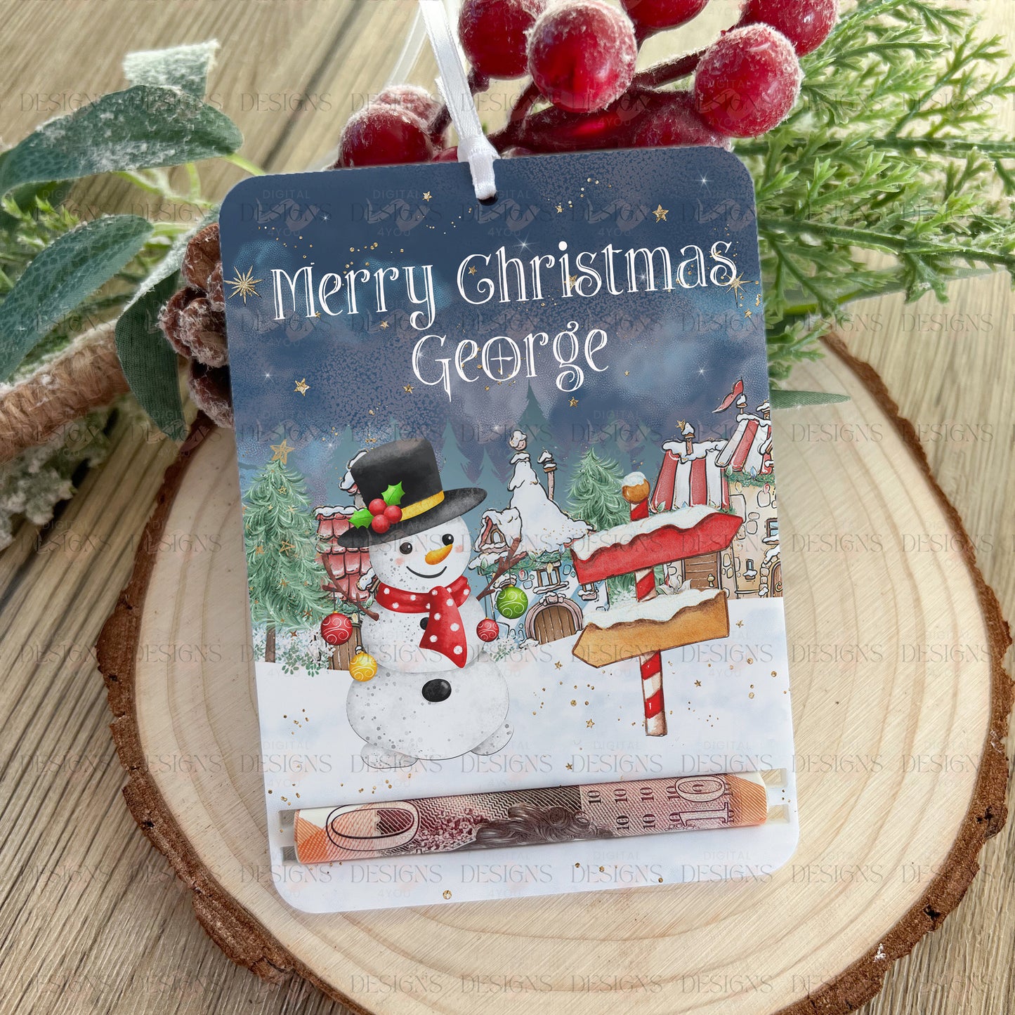 Personalised Snowman Christmas Money Holder – Acrylic Tree Decoration, Custom Name