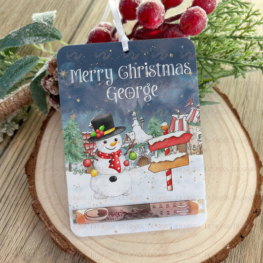 Personalised acrylic snowman money holder Christmas tree decoration with custom name