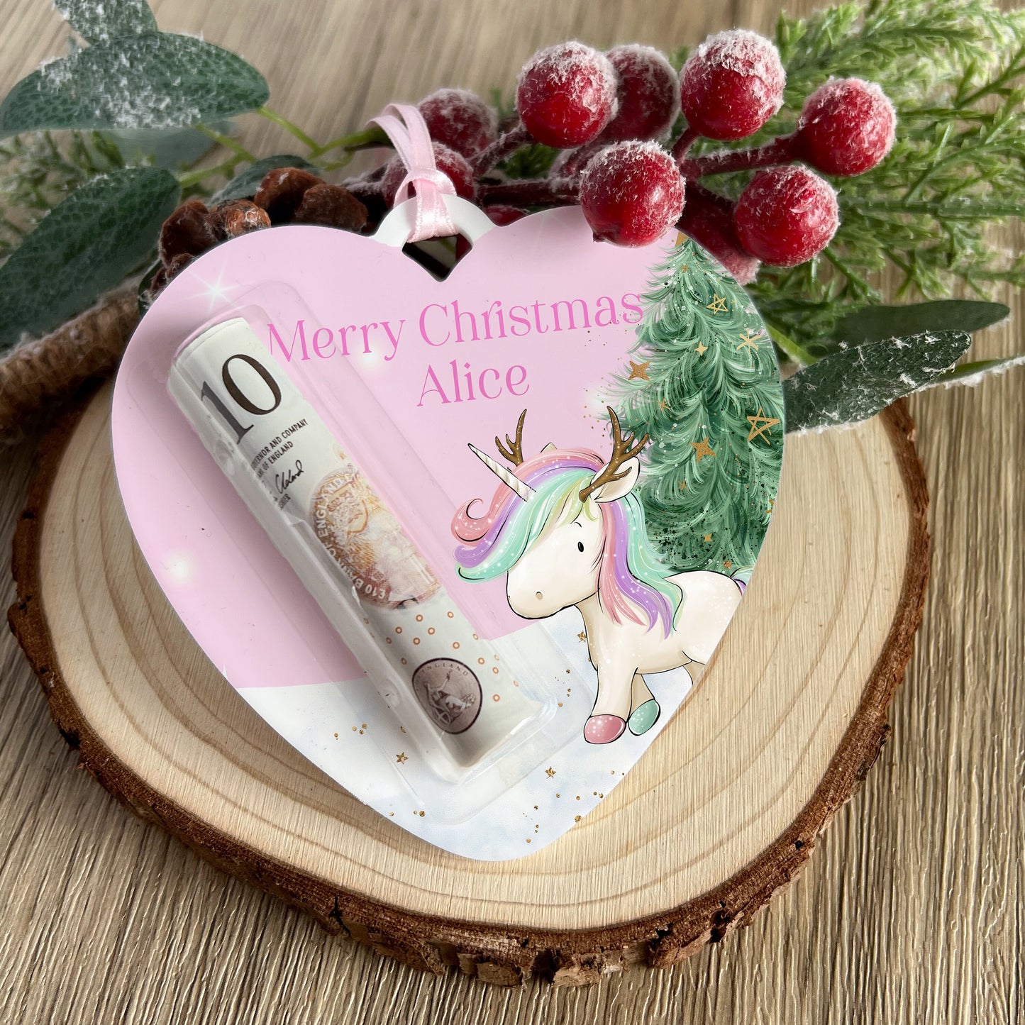 Personalised Pink Polar Bear Heart Christmas Tree Money Holder – Acrylic Decoration, Custom Name