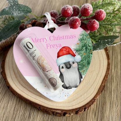 Personalised Pink Santa Heart Christmas Money Holder – Acrylic Tree Decoration, Custom Name