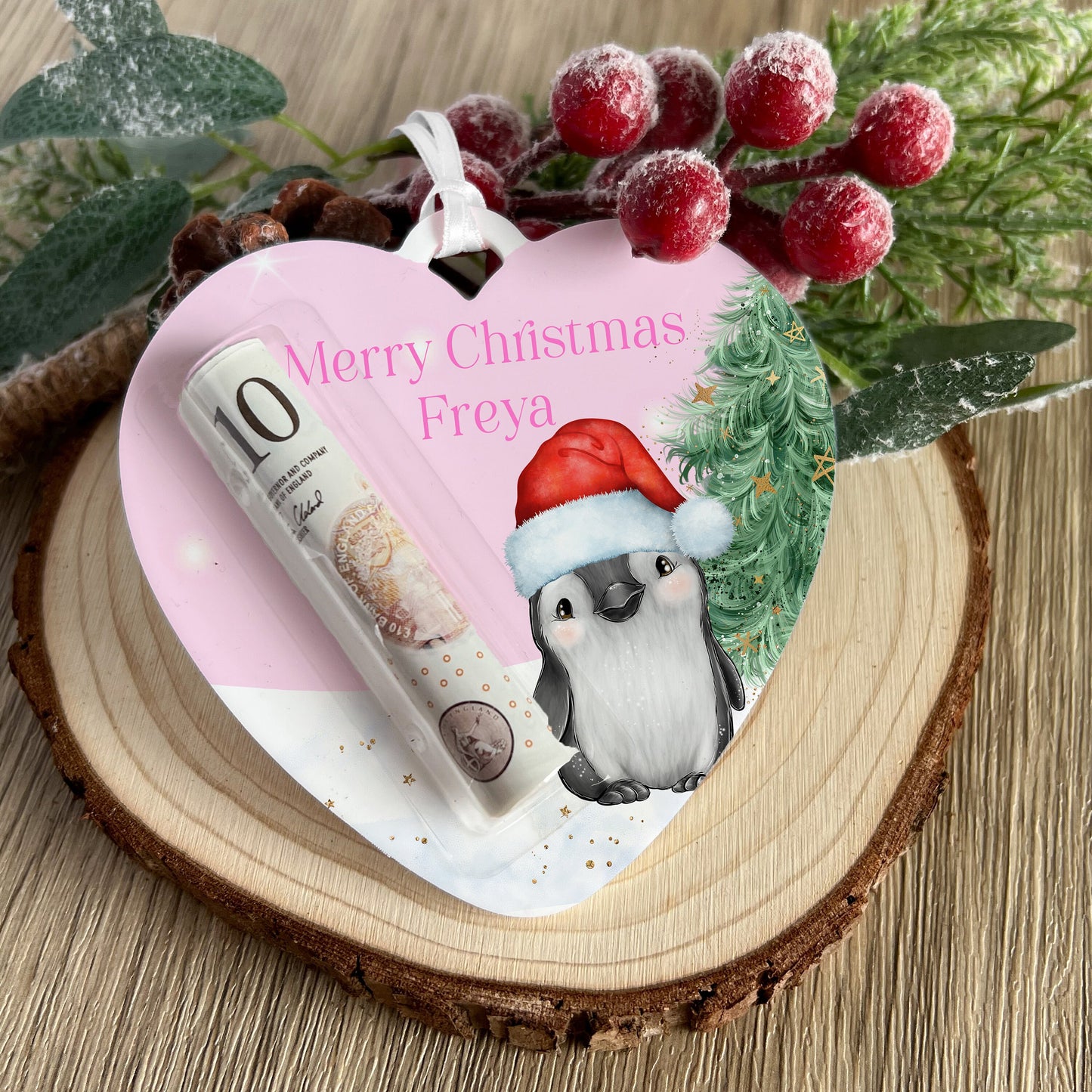 Personalised Pink Polar Bear Heart Christmas Tree Money Holder – Acrylic Decoration, Custom Name