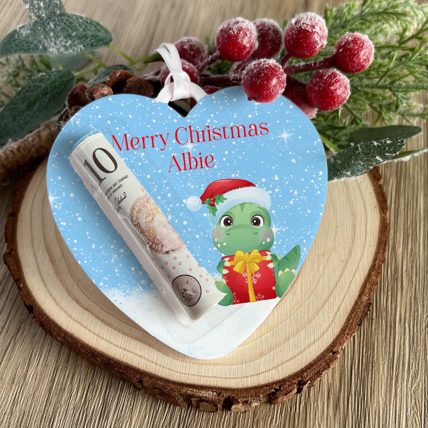 Personalised Dinosaur Heart Christmas Money Holder – Acrylic Tree Decoration, Custom Name