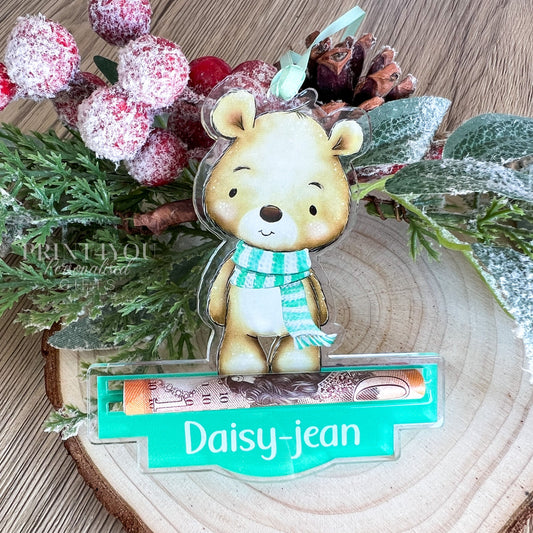 Teddy bear Personalised Christmas Tree Money holder, Acrylic Christmas Decoration, Money Pouch, - No thanks
