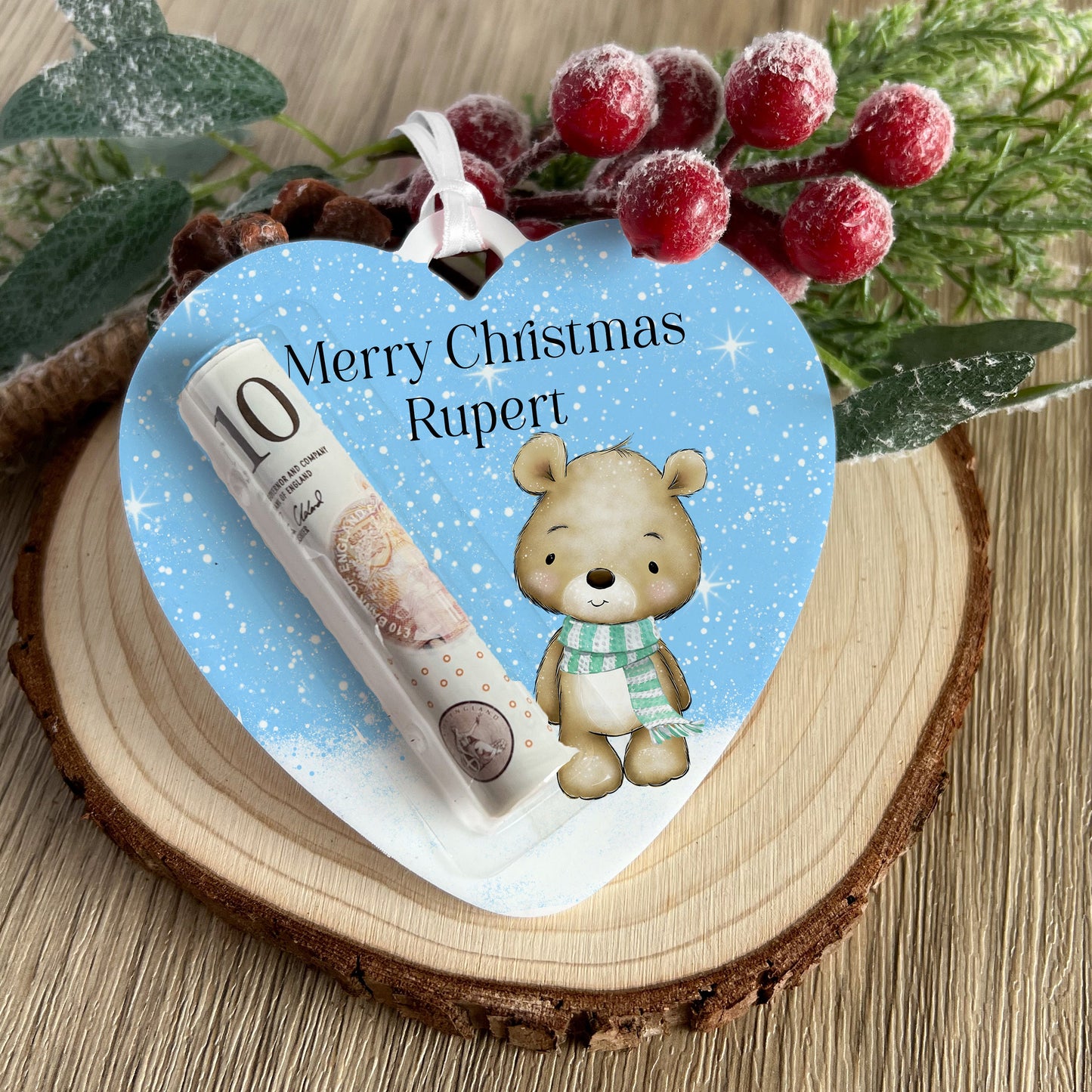Personalised Reindeer Heart Christmas Tree Money Holder – Acrylic Money Pouch, Custom Name