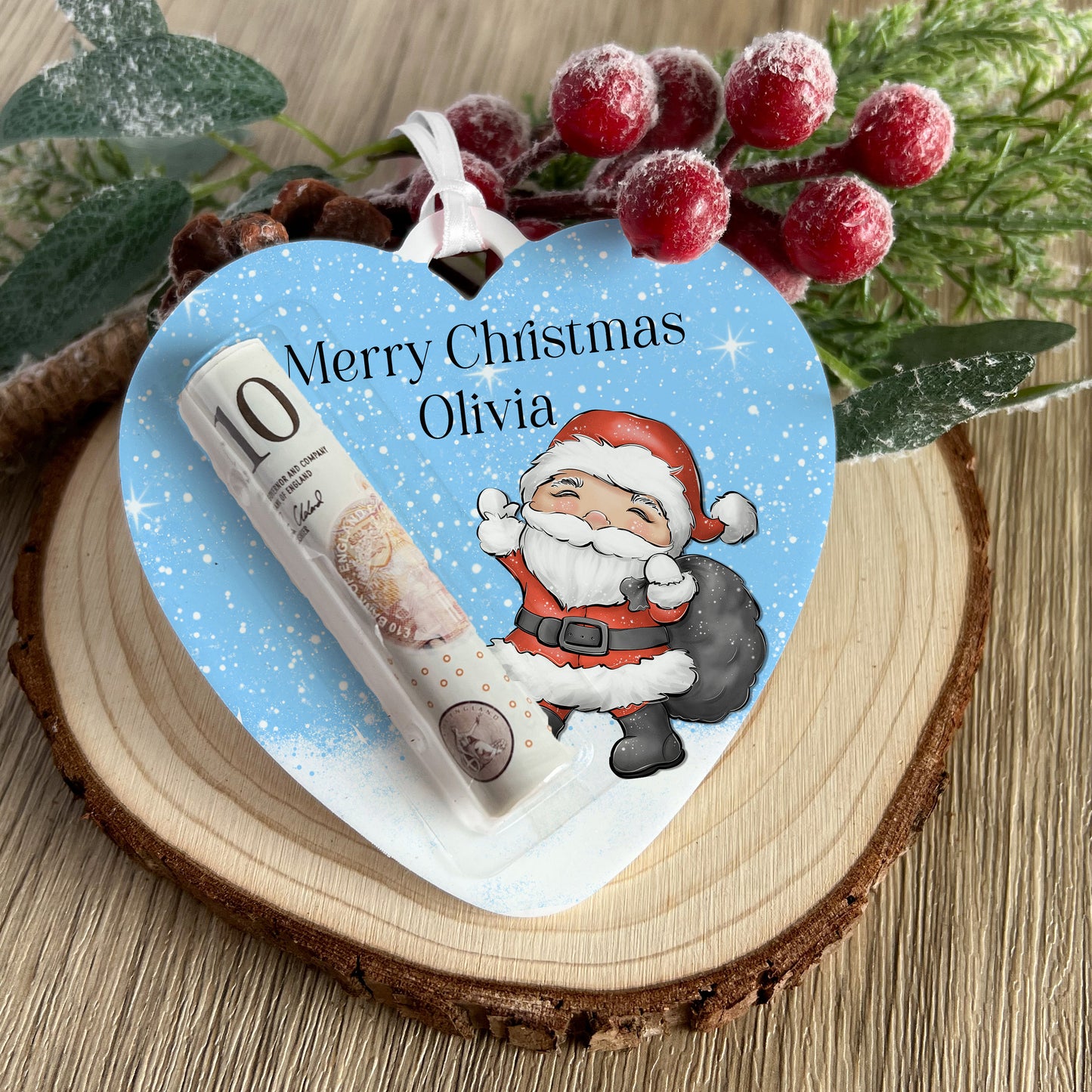 Personalised Santa Heart Christmas Tree Money Holder – Acrylic Decoration, Custom Name