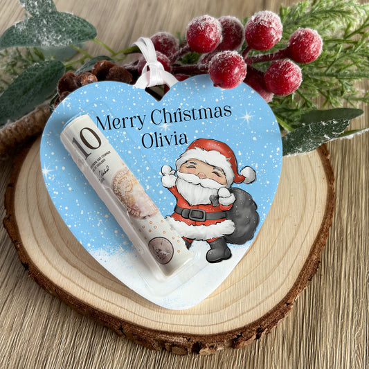 Personalised Santa Heart Christmas Tree Money Holder – Acrylic Decoration, Custom Name