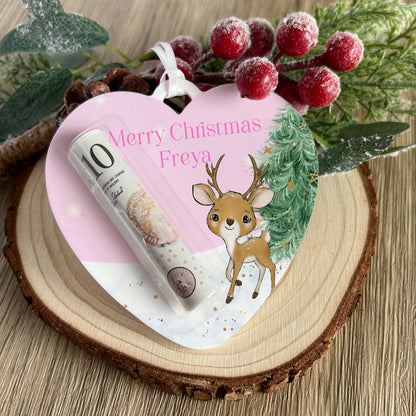 Personalised Unicorn Reindeer Heart Christmas Tree Money Holder – Acrylic Money Pouch, Custom Name