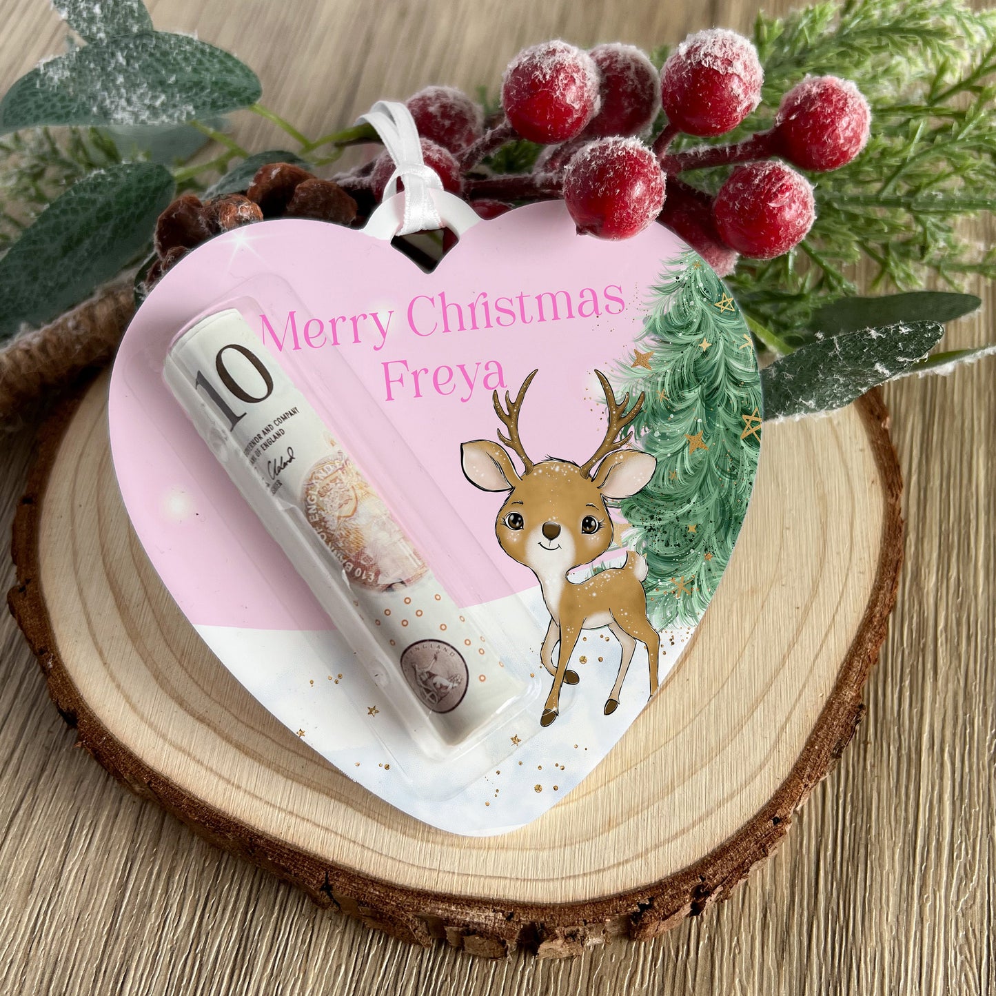 Personalised Pink Santa Heart Christmas Money Holder – Acrylic Tree Decoration, Custom Name