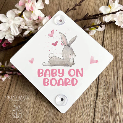 Bunny rabbit and hearts Baby on Board aluminium car window sign fitted with suction cups