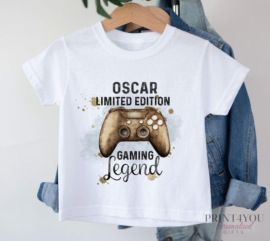 Gold boys gamer controller watercolour theme Name text Children's Toddler White T – shirt 100% cotton Jersey - 6-12 months  T-shirt