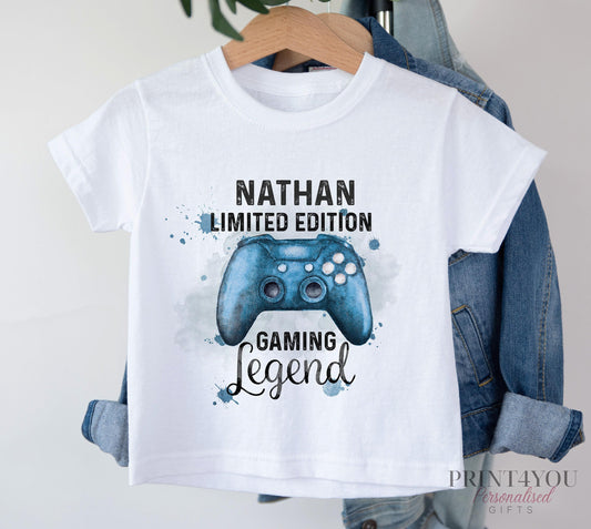 Blue boys gamer controller watercolour theme Name text Children's Toddler White T – shirt 100% cotton Jersey - 6-12 months  T-shirt