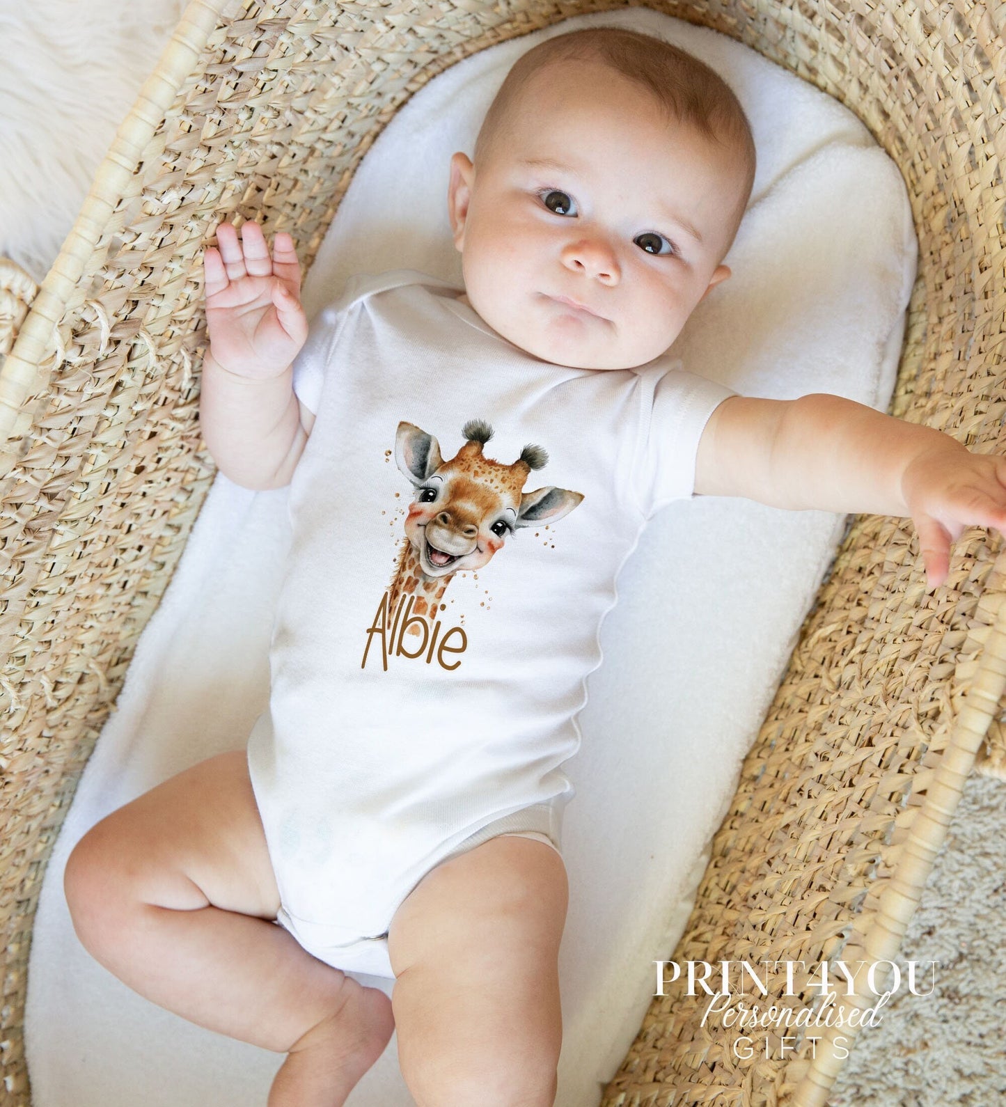 Personalised safari giraffe bib, printed with your baby's name on soft white cotton.